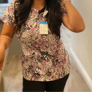 Colorful zip up scrub top